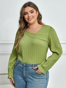 Celure 大碼素色不對稱領荷葉袖襯衫 - 綠色 - 查看 3