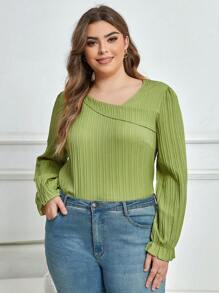 Celure 大碼素色不對稱領荷葉袖襯衫 - 綠色 - 查看 5