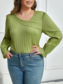 Celure 大碼素色不對稱領荷葉袖襯衫 - 綠色 - 查看 6