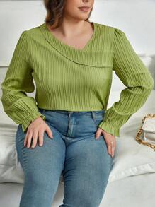 Celure 大碼素色不對稱領荷葉袖襯衫 - 綠色 - 查看 7