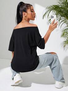 SHEIN EZwear Cartoon Graphic Off Shoulder Tee - Black - View 2