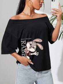 SHEIN EZwear Cartoon Graphic Off Shoulder Tee - Black - View 3