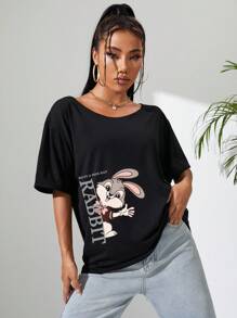 SHEIN EZwear Cartoon Graphic Off Shoulder Tee - Black - View 4