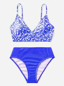 Ditsy Floral Print Bikini Set, For Summer Beach Vacation - Blue - View 1