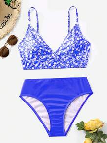Ditsy Floral Print Bikini Set, For Summer Beach Vacation - Blue - View 5
