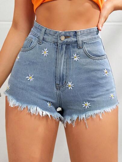 Jeanoix Shorts en mezclilla con bordado floral bajo crudo