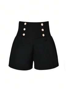 SHEIN Unity Plus Button Detail Shorts - Black - View 1