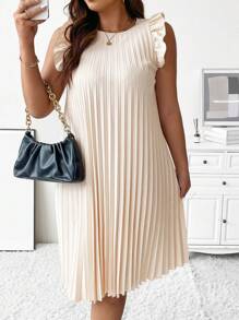 SHEIN Clasi Plus Ruffle Trim Pleated Dress - Khaki - View 9