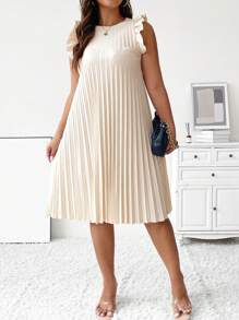 SHEIN Clasi Plus Ruffle Trim Pleated Dress - Khaki - View 3