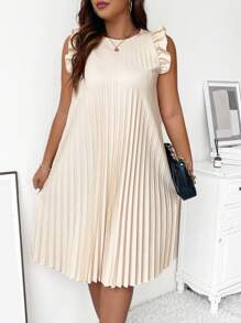 SHEIN Clasi Plus Ruffle Trim Pleated Dress - Khaki - View 4