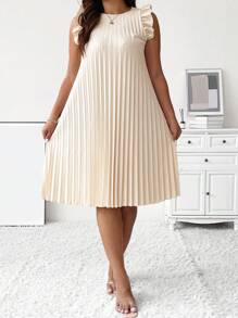 SHEIN Clasi Plus Ruffle Trim Pleated Dress - Khaki - View 7