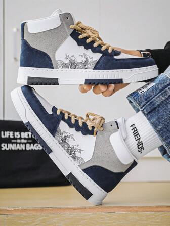 男士高幫拼貼運動鞋帶隨機圖案,2隨機鞋蕾絲樣式,和隨機花邊風格