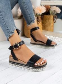 Women's Ankle Strap Wedge Sandals For Outdoor In Summer - Black - View 1