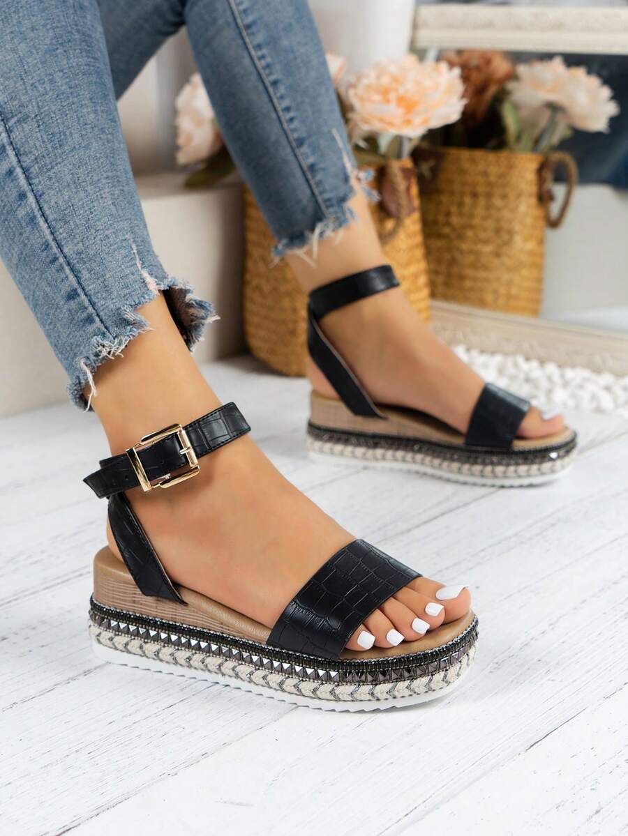 Women's Ankle Strap Wedge Sandals For Outdoor In Summer - Black - View 1