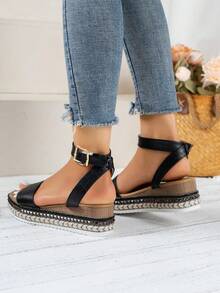Women's Ankle Strap Wedge Sandals For Outdoor In Summer - Black - View 2