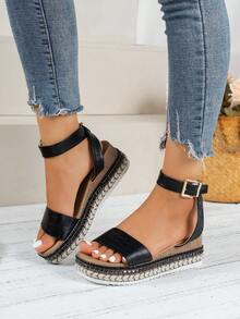 Women's Ankle Strap Wedge Sandals For Outdoor In Summer - Black - View 3