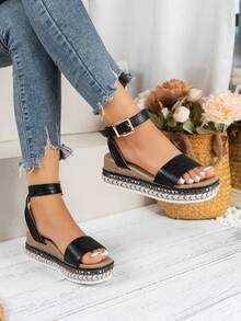 Women's Ankle Strap Wedge Sandals For Outdoor In Summer - Black - View 4