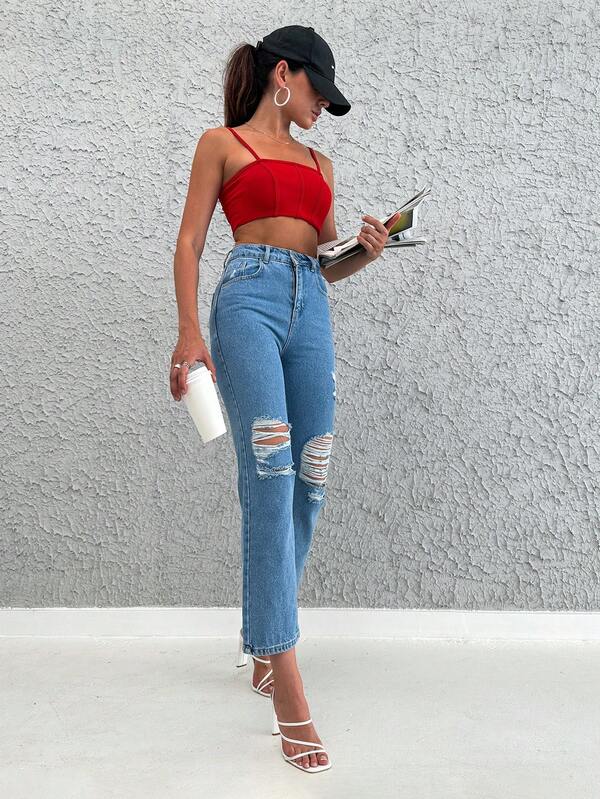 EURMUSE High Waist Ripped Straight Leg Jeans