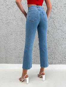 EURMUSE High Waist Ripped Straight Leg Jeans - Blue - View 2