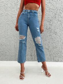 EURMUSE High Waist Ripped Straight Leg Jeans - Blue - View 4