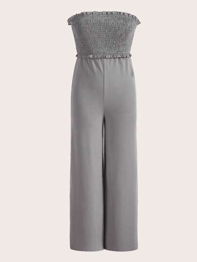 SHEINNeu Solid Frill Trim Shirred Bodice Tube Jumpsuit
