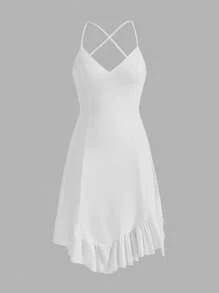 SHEINNeu 性感不對稱 露背 繫帶 荷葉邊純色女士連衣裙 - 白色 - 查看 1
