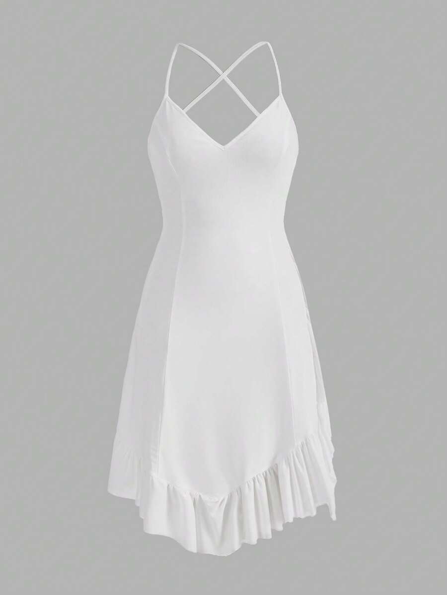 SHEINNeu 性感不對稱 露背 繫帶 荷葉邊純色女士連衣裙 - 白色 - 查看 1