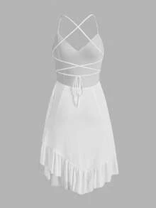 SHEINNeu 性感不對稱 露背 繫帶 荷葉邊純色女士連衣裙 - 白色 - 查看 2