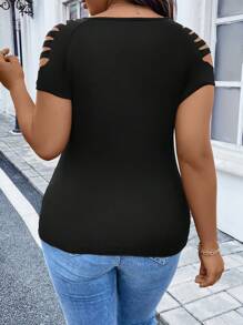 Rometta Plus Ladder Cut Out Raglan Sleeve Tee - Black - View 2