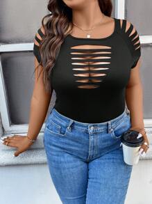 Rometta Plus Ladder Cut Out Raglan Sleeve Tee - Black - View 1