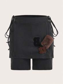 SHEINNeu Letter Patched Lace Up Side Skort - Dark Grey - View 1