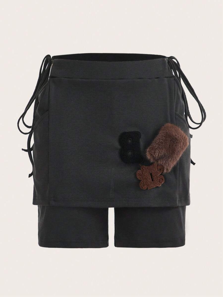 SHEINNeu Letter Patched Lace Up Side Skort - Dark Grey - View 1