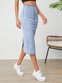 SHEIN Frenchy High Waist Split Thigh Denim Skirt - Light Wash - View 5
