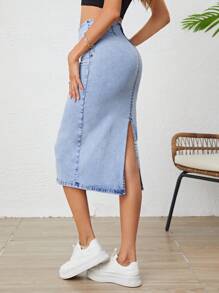 SHEIN Frenchy High Waist Split Thigh Denim Skirt - Light Wash - View 2