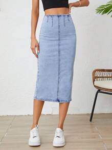 SHEIN Frenchy High Waist Split Thigh Denim Skirt - Light Wash - View 4