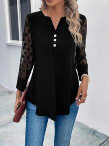 EMERY ROSE Tay áo lưới tương phản Cổ có Lỗ hổng Áo sơ mi - màu đen - Xem 1