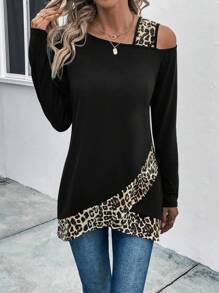 EMERY ROSE Leopard Print Asymmetrical Neck Tee Graphic Cheetah Print Tees Women Tops Fall Cloth For Women - Black - View 6