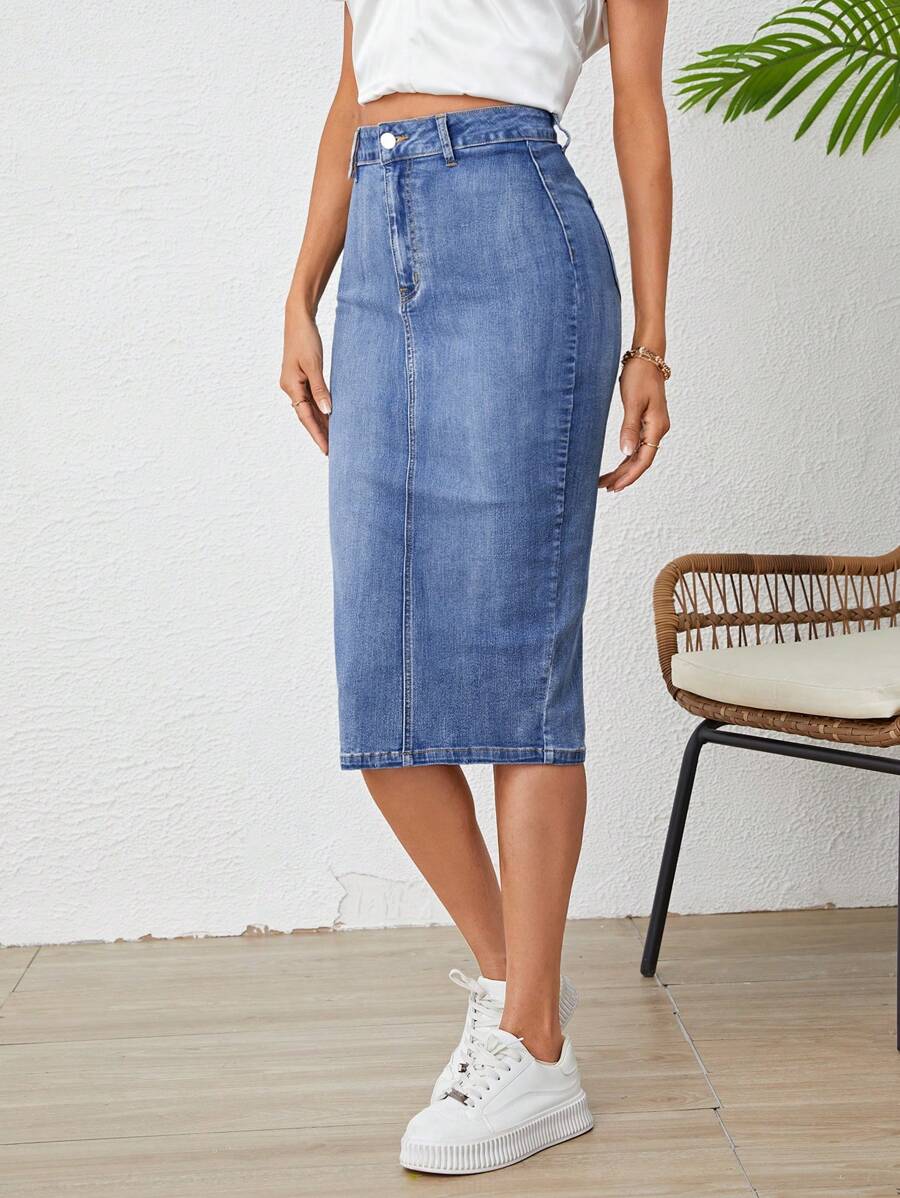 SHEIN Frenchy 後背開衩牛仔半身裙 - 中等水洗藍 - 查看 1