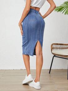 SHEIN Frenchy 後背開衩牛仔半身裙 - 中等水洗藍 - 查看 2