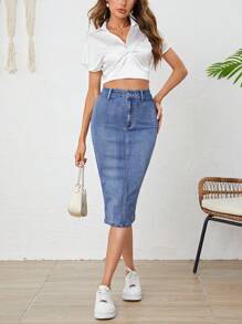 SHEIN Frenchy 後背開衩牛仔半身裙 - 中等水洗藍 - 查看 3