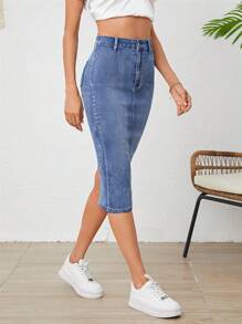 SHEIN Frenchy 後背開衩牛仔半身裙 - 中等水洗藍 - 查看 4