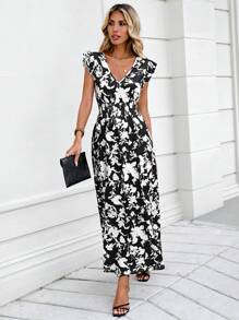 RueChic Allover Floral Print Ruffle Trim Dress - Black - View 3