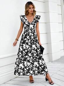 RueChic Allover Floral Print Ruffle Trim Dress - Black - View 4