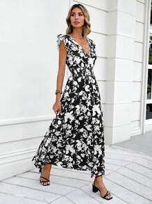 RueChic Allover Floral Print Ruffle Trim Dress - Black - View 6