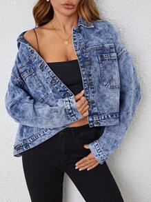 SHEIN Frenchy 休閒口袋 前紐扣純色女士牛仔夾克 & 外套 - 中等水洗藍 - 查看 1