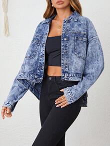 SHEIN Frenchy 休閒口袋 前紐扣純色女士牛仔夾克 & 外套 - 中等水洗藍 - 查看 3