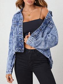 SHEIN Frenchy 休閒口袋 前紐扣純色女士牛仔夾克 & 外套 - 中等水洗藍 - 查看 5