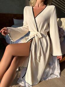 رداء مربوط بحزام ذو تباين، خريف وشتاء - لون مشمشي - مشاهدة 1