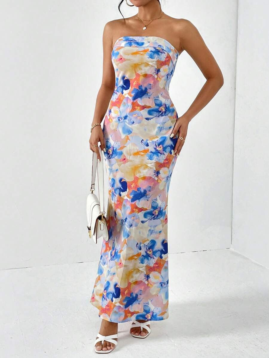 Firerie Spring Break Floral Print Draped Backless Tube Long Summer