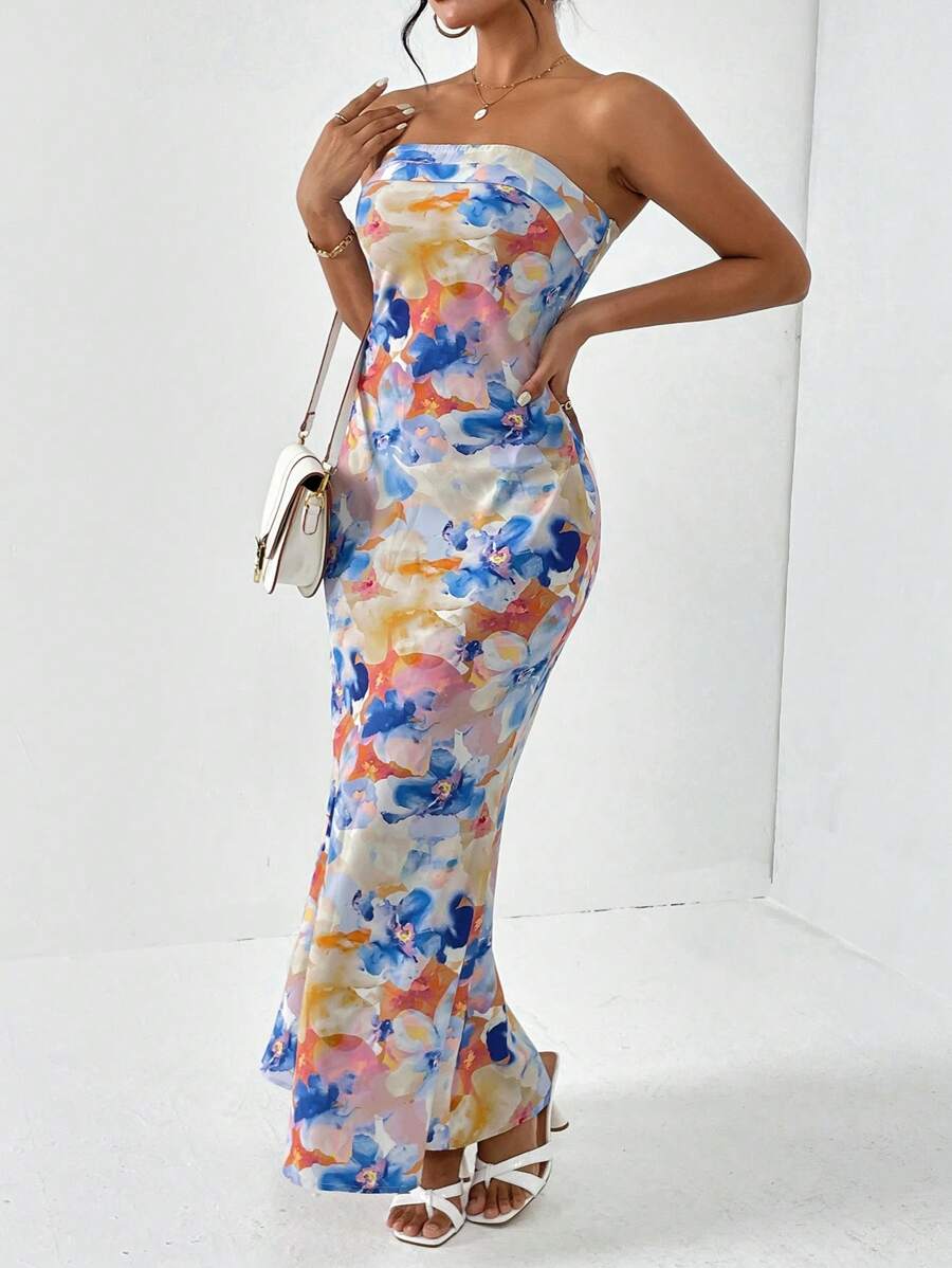 Firerie Spring Break Floral Print Draped Backless Tube Long Summer